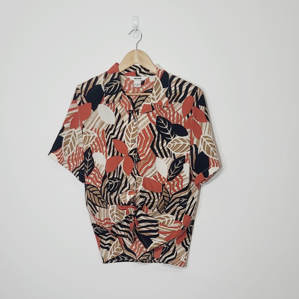 Vintage Alia Safari Pattern Oversided  Button Down Short Sleeve Blouse Size 14
